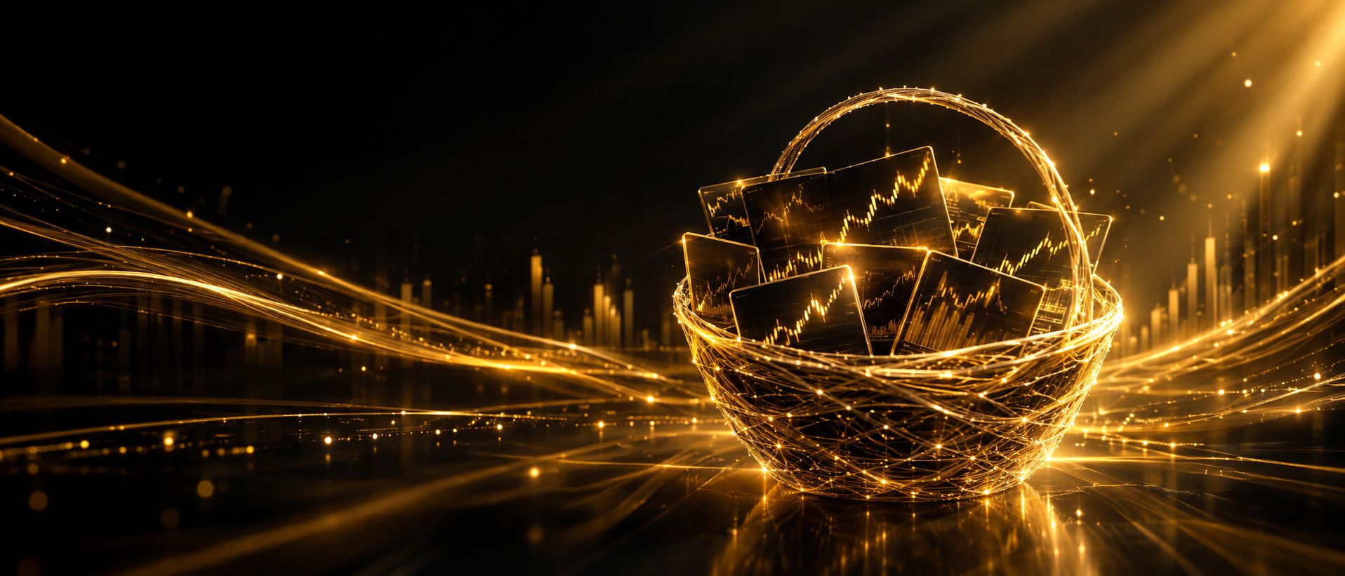 Basket made of glowing lines holding multiple mini stock charts