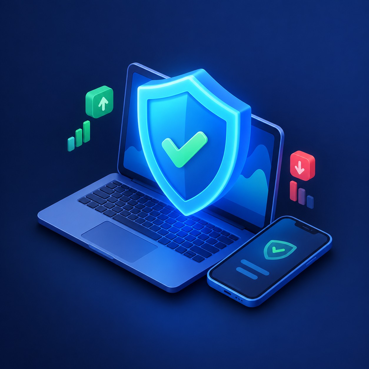 Large glowing shield over a laptop and phone