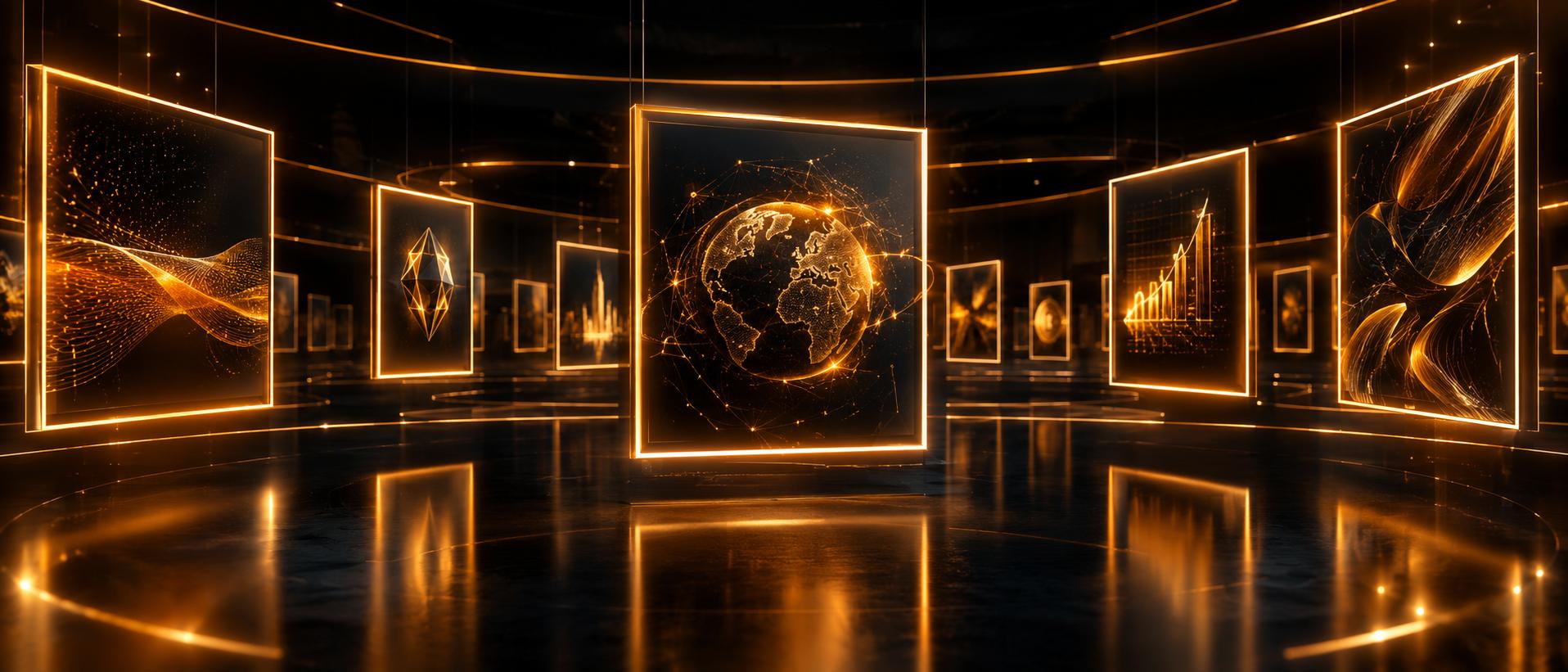 Floating digital art frames made of light in a virtual gallery
