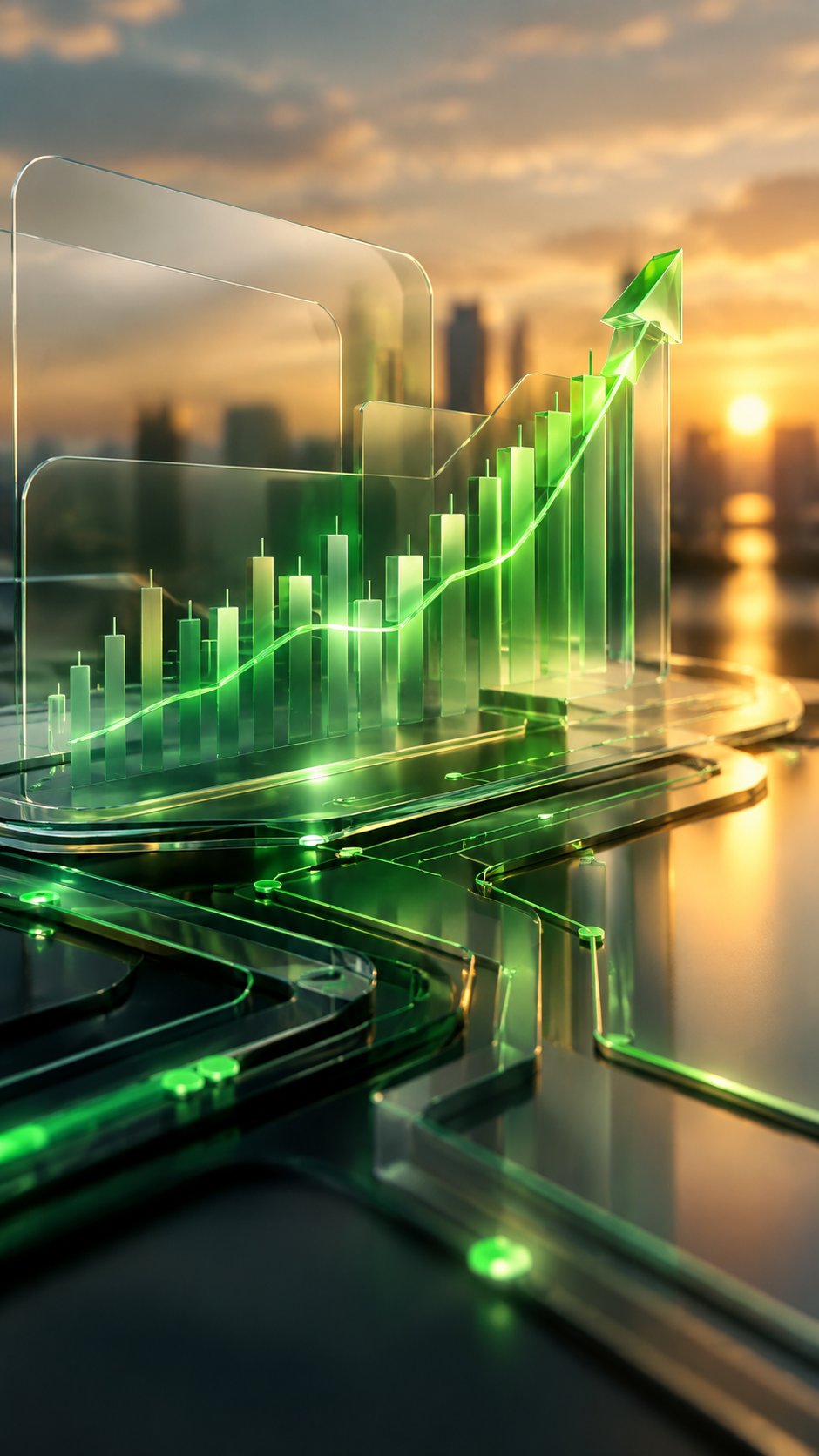 Abstract circuit patterns forming a rising stock chart
